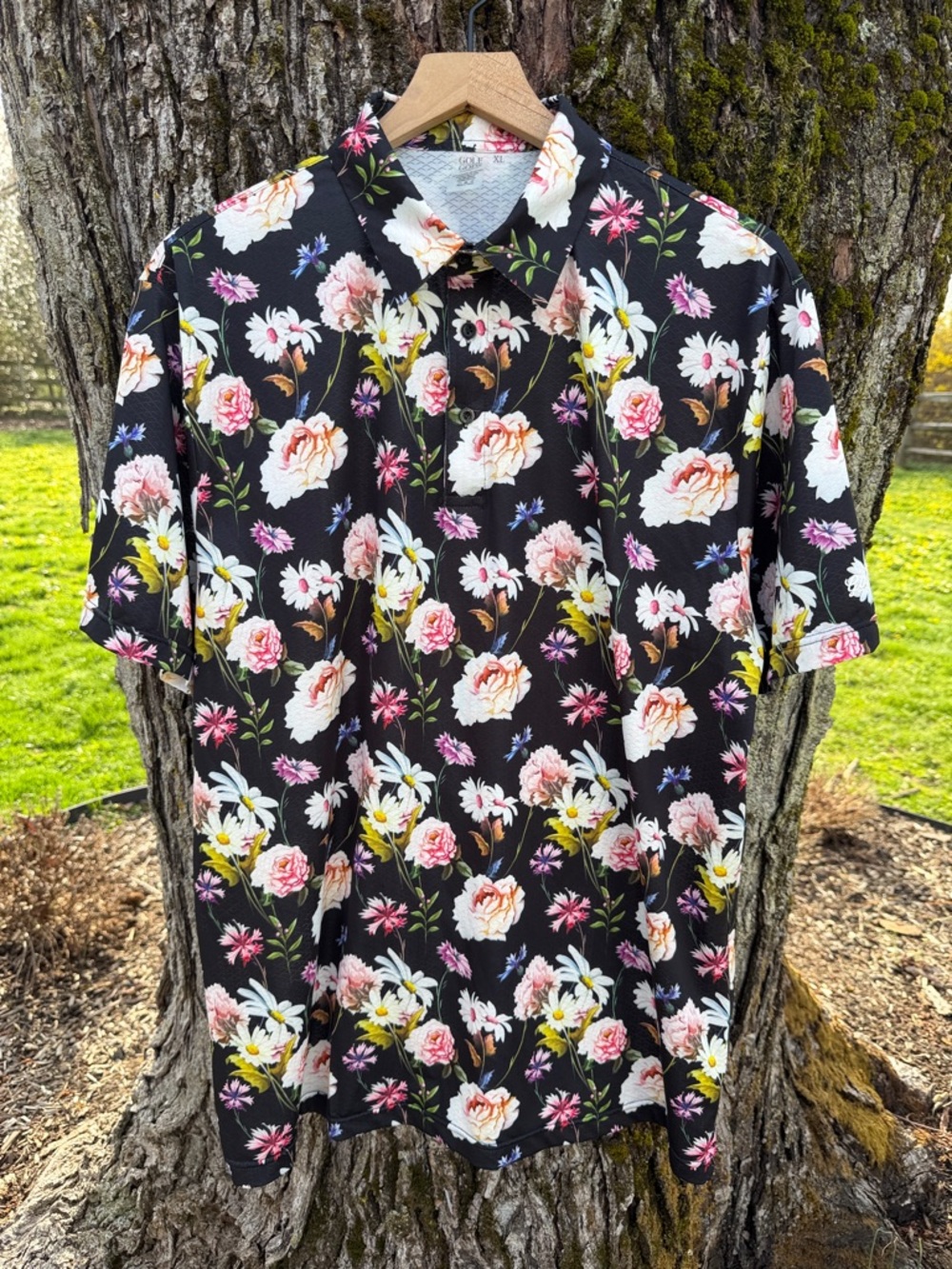 Men’s Golf Gods Cool Tech Performance Golf Polo Black Floral Size XL